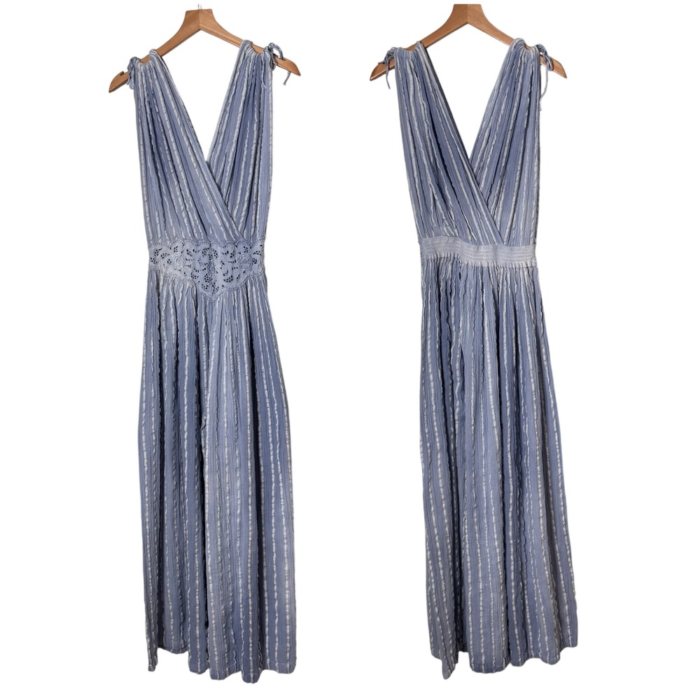 Cotton Cargo Striped Gauze Wide Leg Jumpsuit Crochet Lace Waist Womens S M Blue